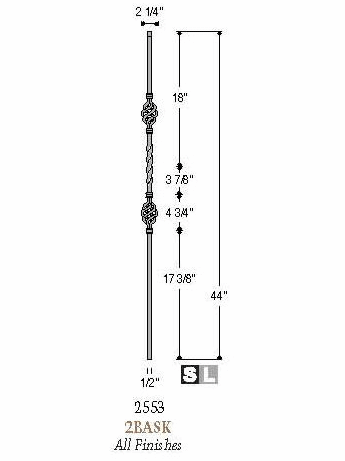 553-T LIte Double Basket Tubular Steel 12mm Baluster Dimensional Information