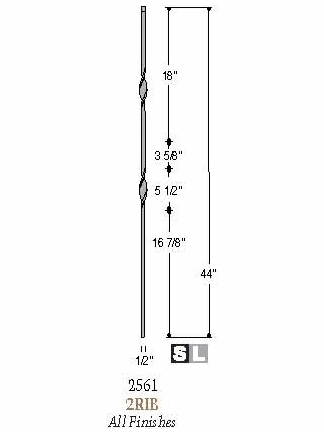 2561 Double Ribbon Solid Wrought Iron Baluster, 12mm Dimensional Information