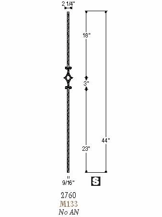 2760 Single Window Hammered Mediterranean Iron Stair Baluster Dimensional Information