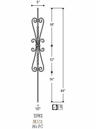 2583-LT Double Scroll Hollow Tubular Steel Baluster, 5-inch wide, 12mm Dimensional Information