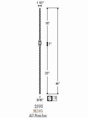 The 2990-LT Lite Mediterranean Single Forged Ball Tubular Steel Baluster Dimensional Information