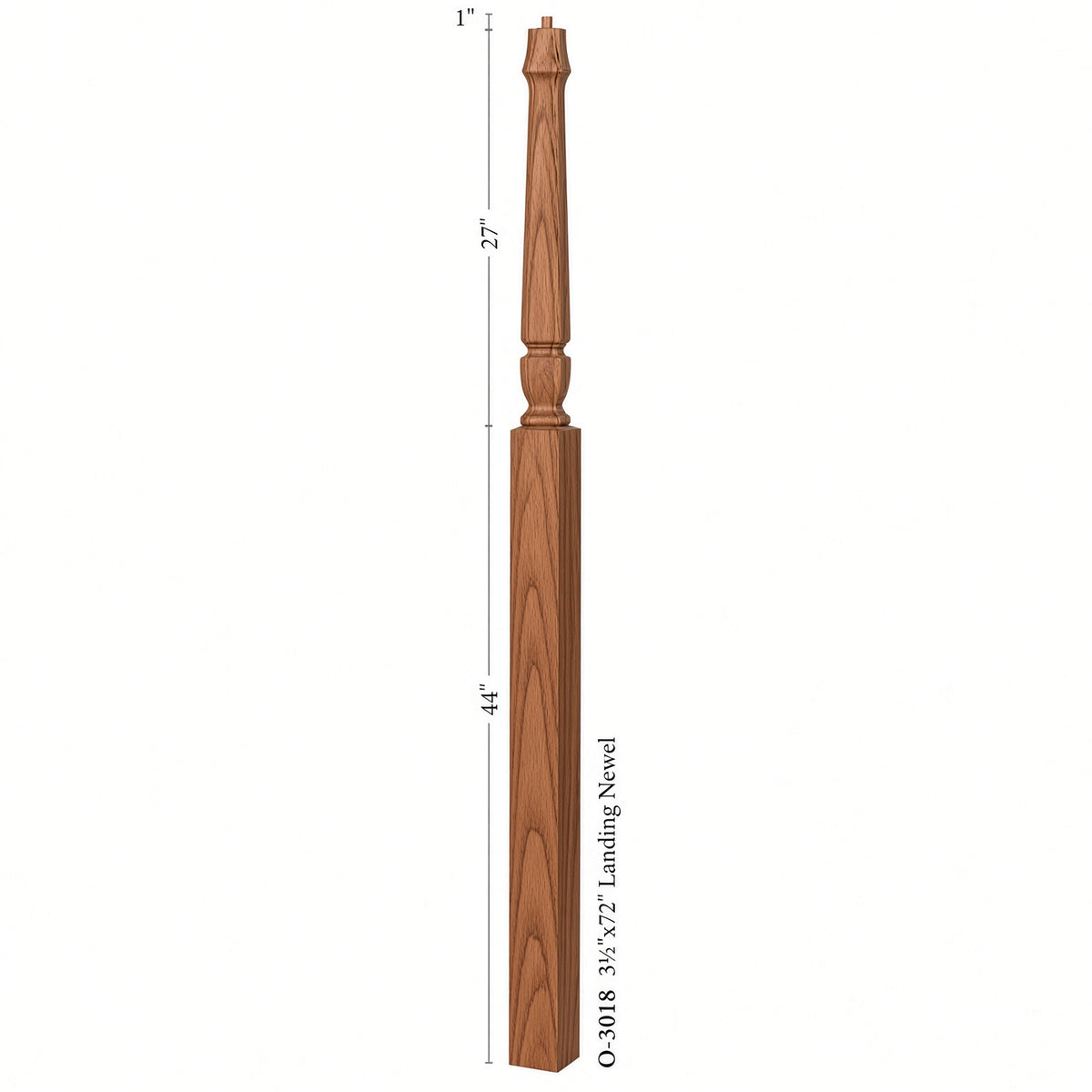 3018 3-1/2" x 72" Bunker Hill Pin Top Gooseneck Landing Newel Post, Dimensional Information