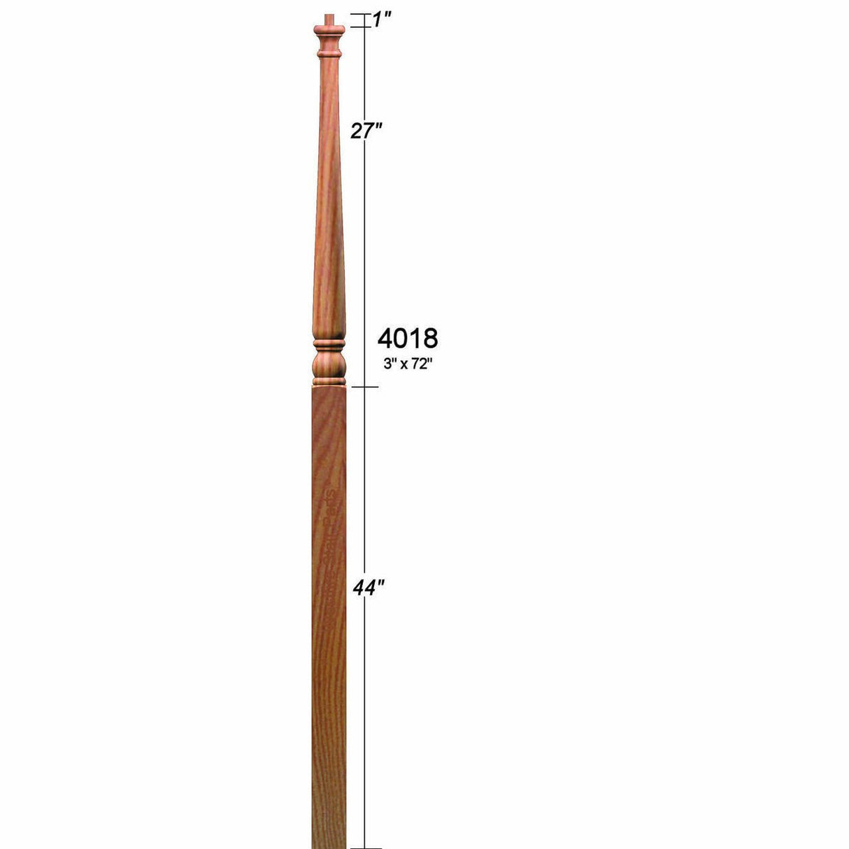 SP-4018 Red Oak 72" Colonial Landing Newel Post Dimensional Information
