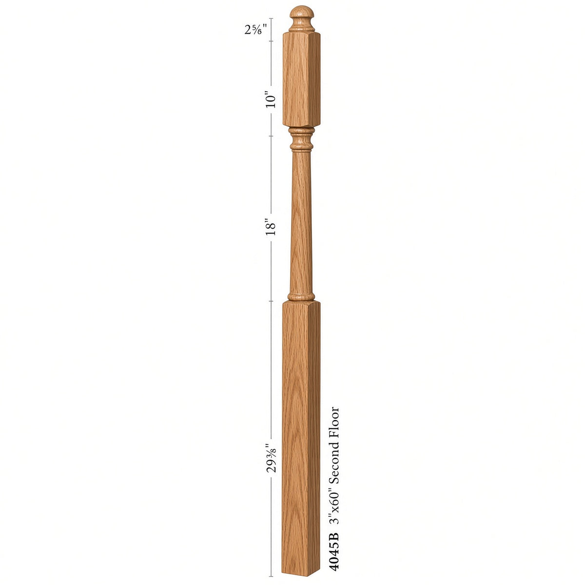 4045B 3" x 60" Mushroom Top or Ball Top Colonial Second Floor / Landing Newel Post with 10" Face, Dimensional Information