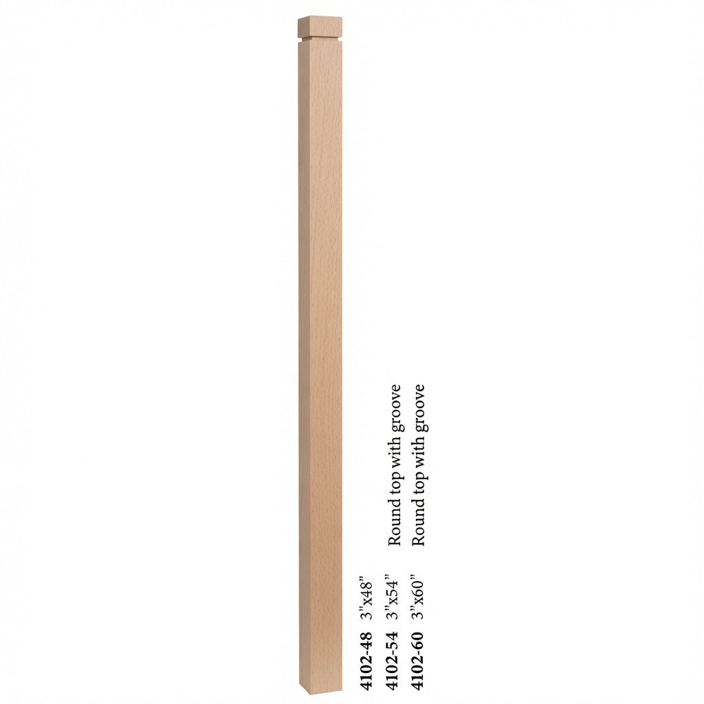 4102 3" S4S Newel Post with Rounded Top and Grooves, Beech