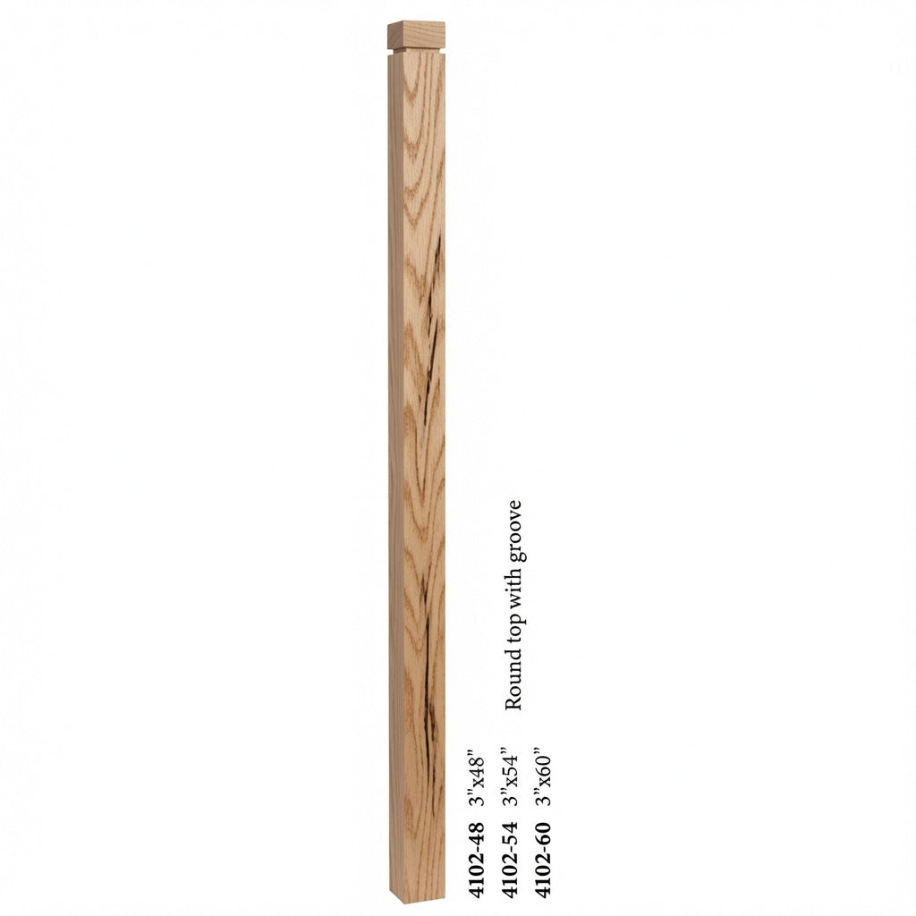 4102 3" S4S Newel Post with Rounded Top and Grooves, Hickory