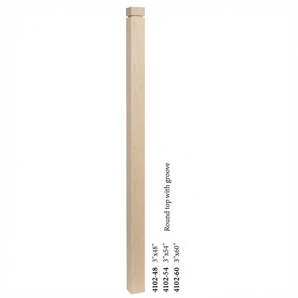 4102 3" S4S Newel Post with Rounded Top and Grooves, Soft Maple