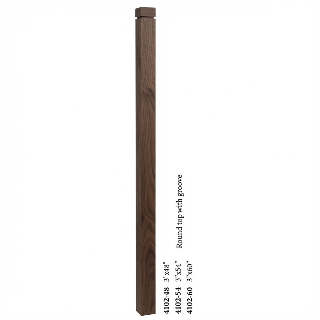 4102 3" S4S Newel Post with Rounded Top and Grooves, Walnut