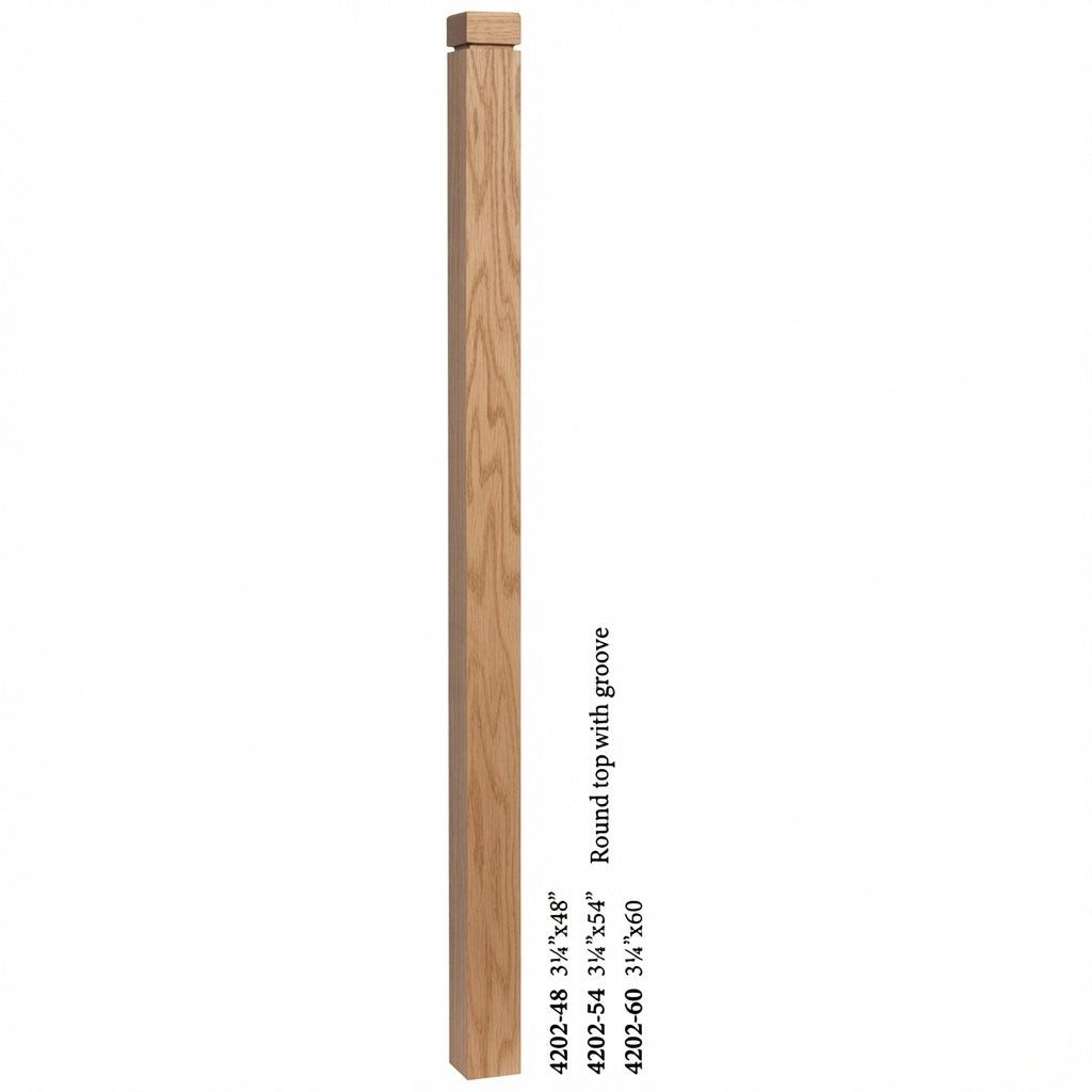 4202 3-1/4" S4S Newel Post with Rounded Top and Grooves, Red Oak