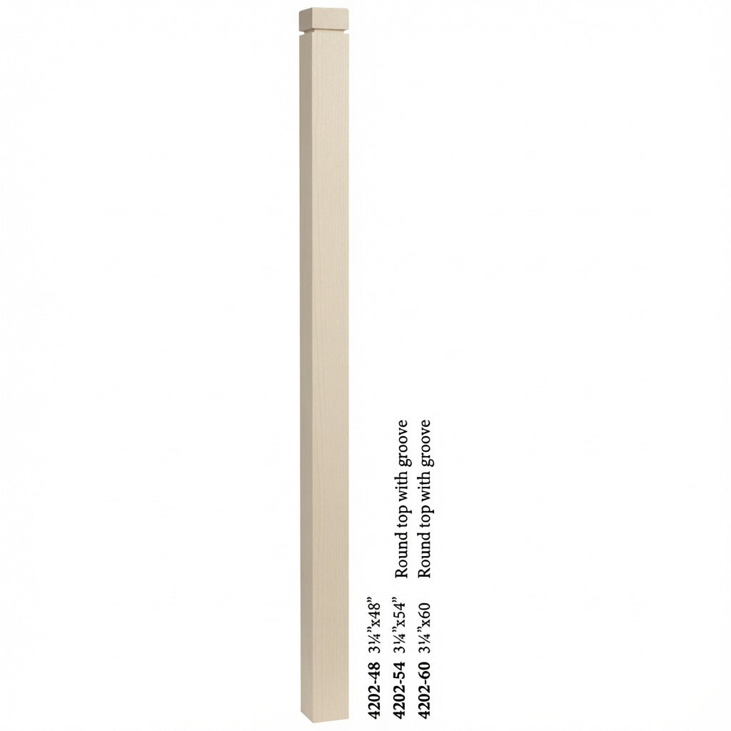 4202 3-1/4" S4S Newel Post with Rounded Top and Grooves, Soft Maple