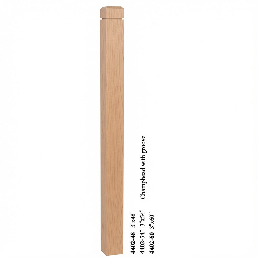 4402 3" S4S Newel Post with Champhered Top and Groove, Alder