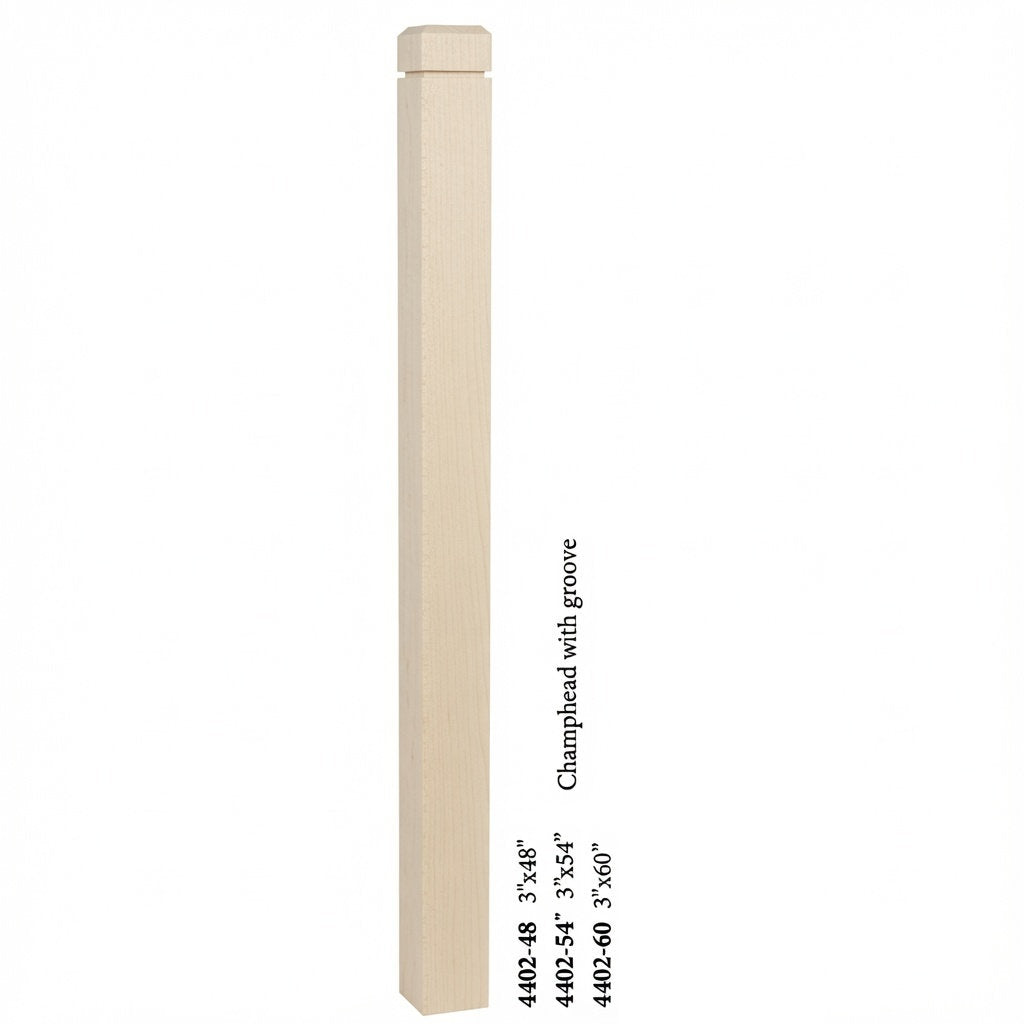 4402 3" S4S Newel Post with Champhered Top and Groove, Hard Maple