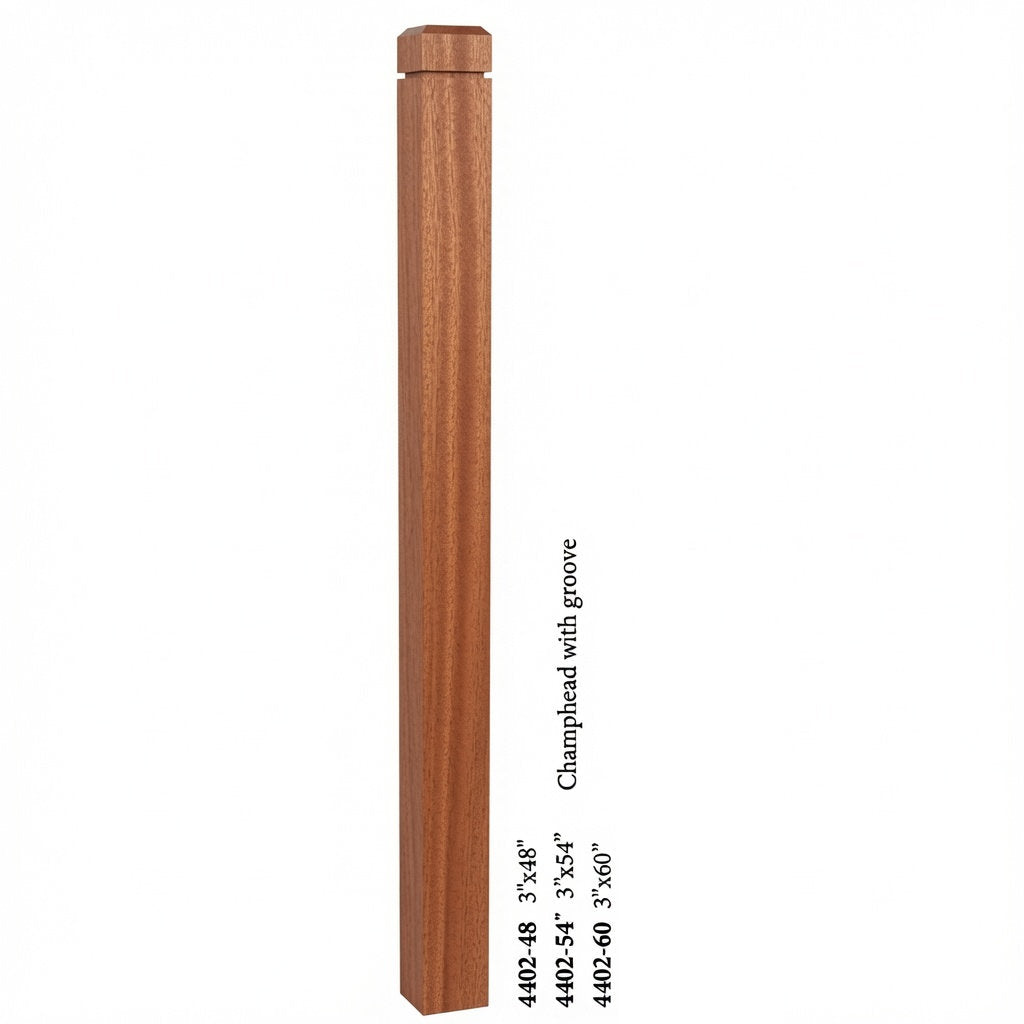 4402 3" S4S Newel Post with Champhered Top and Groove, Mahogany