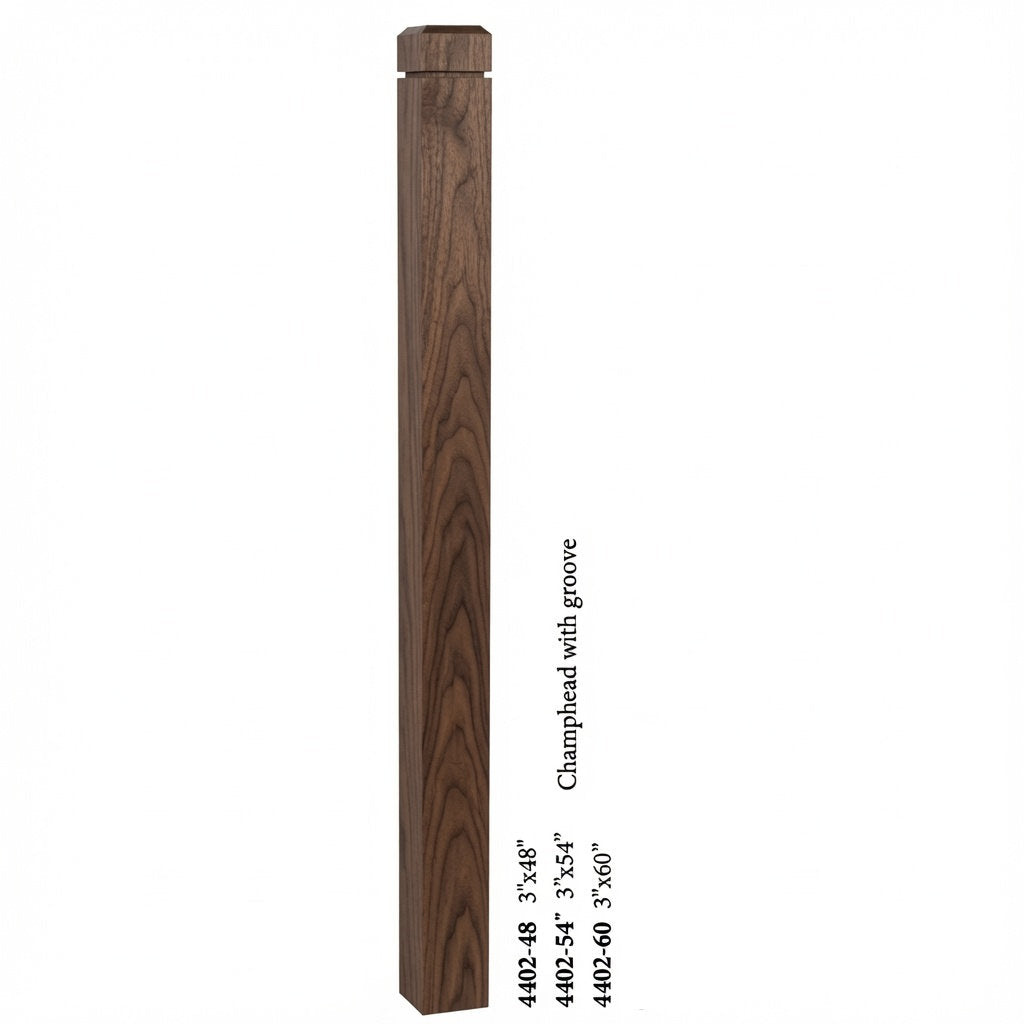 4402 3" S4S Newel Post with Champhered Top and Groove, Walnut
