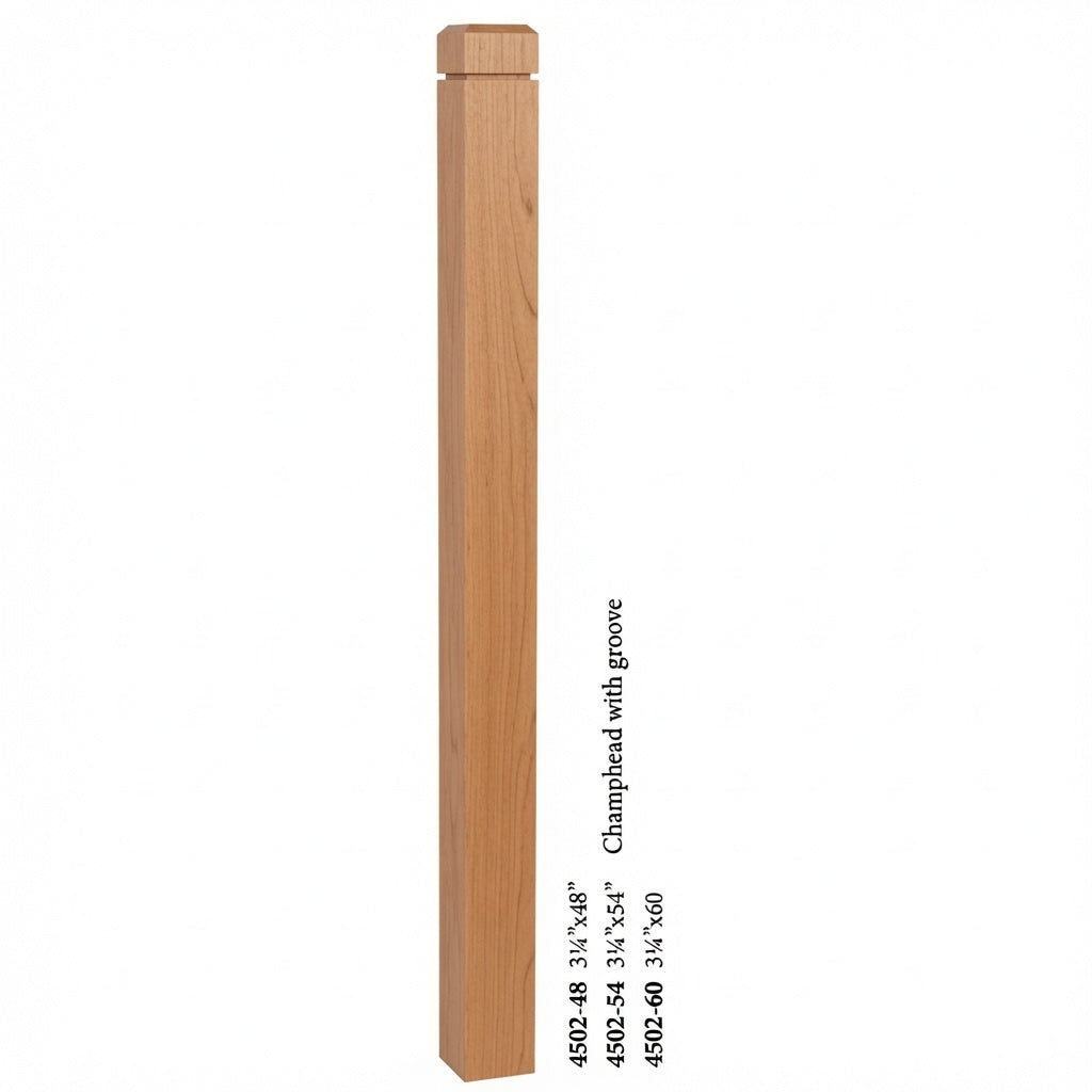 4502 3-1/2" S4S Newel Post with Champhered Top and Grooves, American Cherry