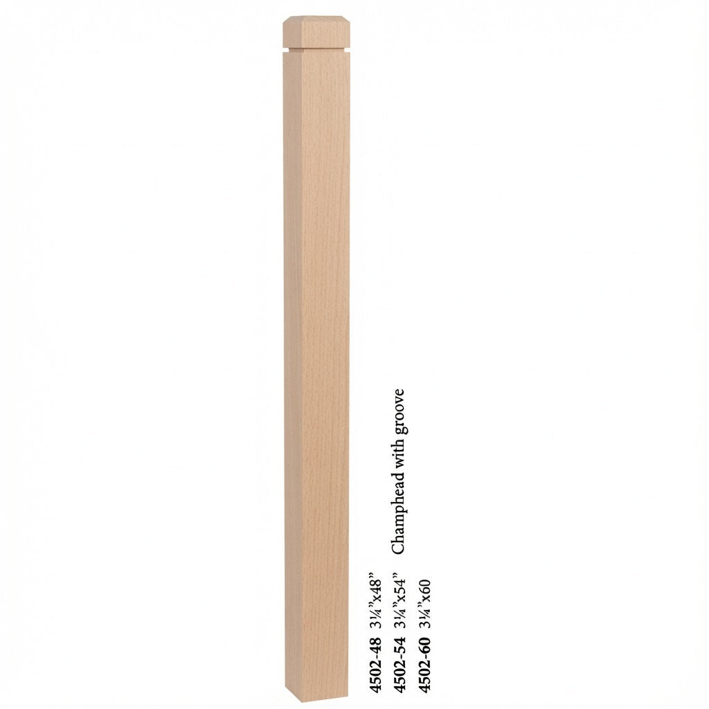 4502 3-1/2" S4S Newel Post with Champhered Top and Grooves, Beech