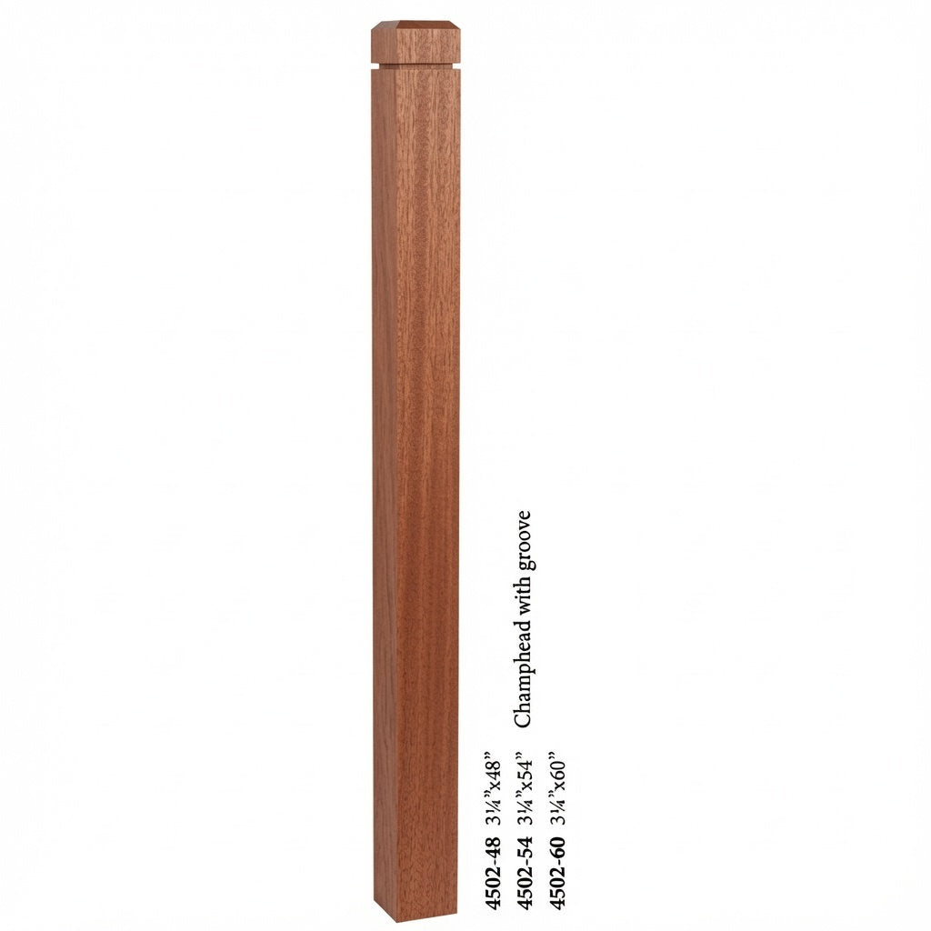 4502 3-1/2" S4S Newel Post with Champhered Top and Grooves, Mahogany