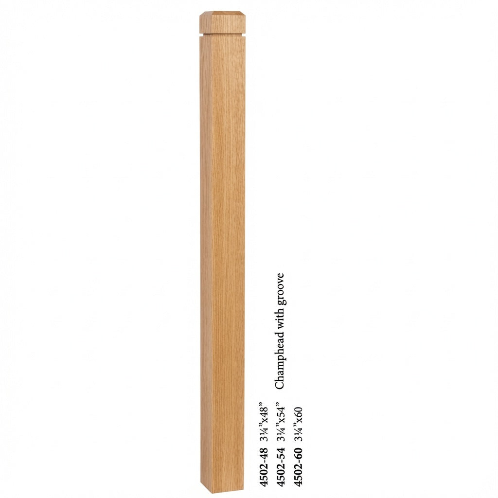 4502 3-1/2" S4S Newel Post with Champhered Top and Grooves, Red Oak