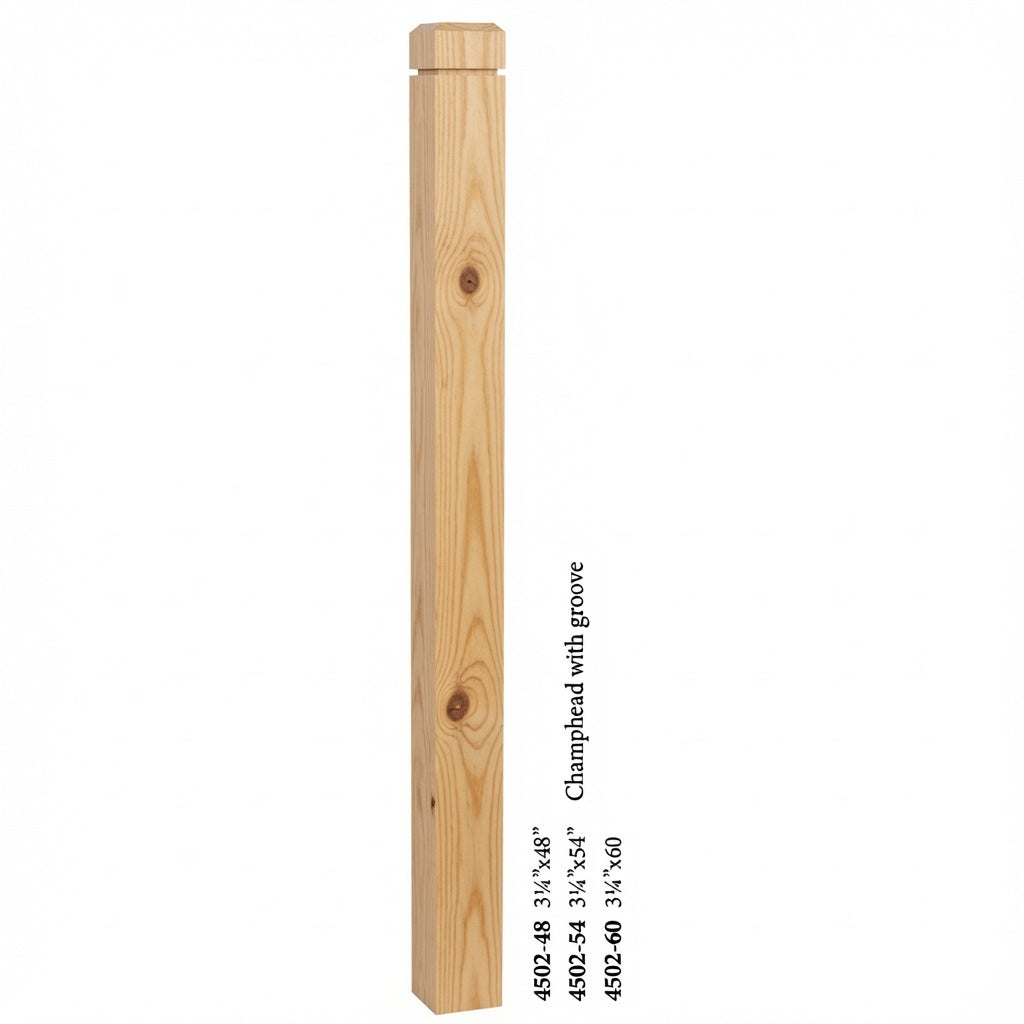 4502 3-1/2" S4S Newel Post with Champhered Top and Grooves, Yellow Pine