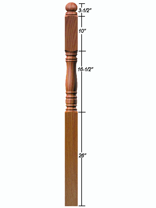 4503 Ball Top 2nd Floor Landing Newel Post Dimensional Information