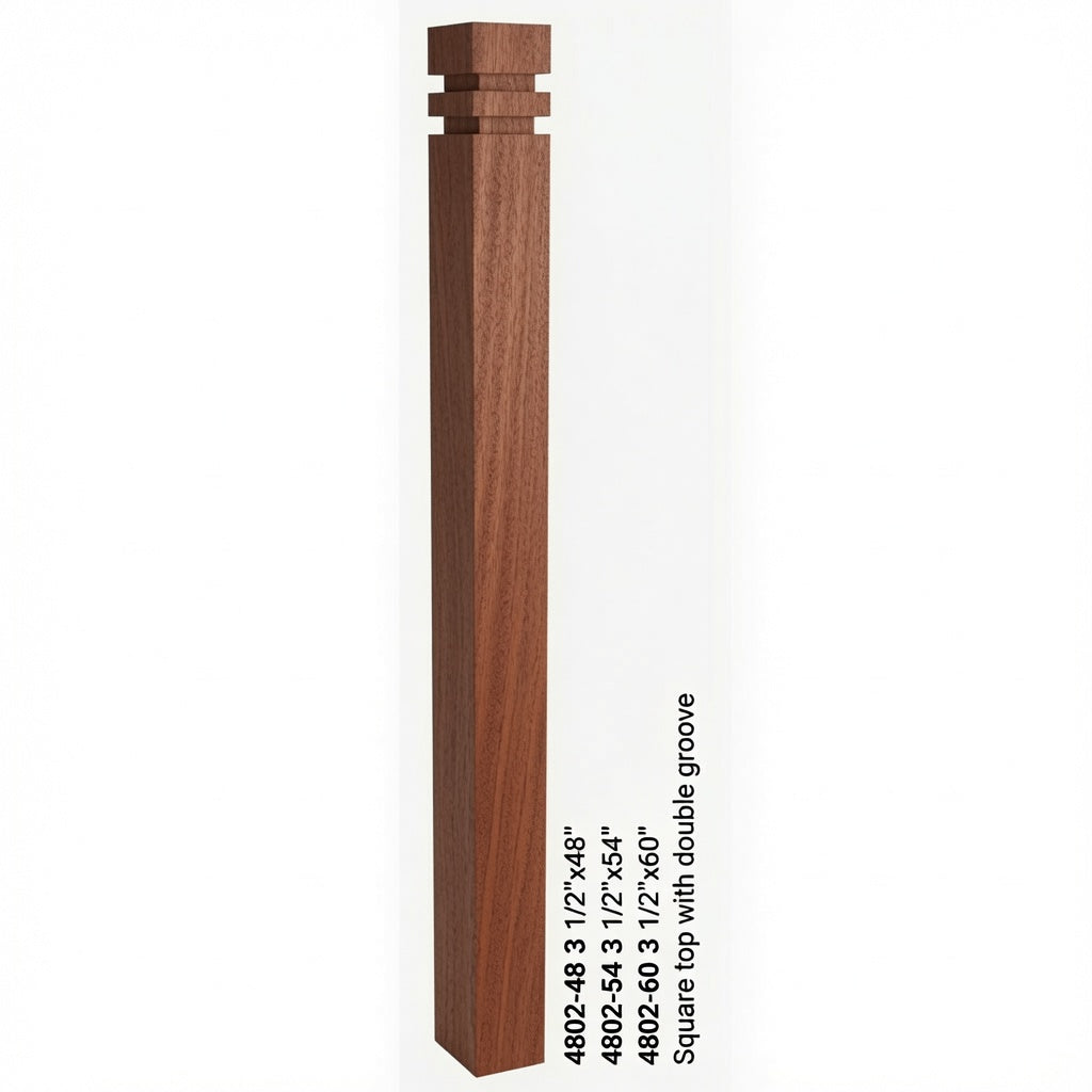 4802 3-1/2" S4S Newel with Squarte Top and Double Grooves, Mahogany