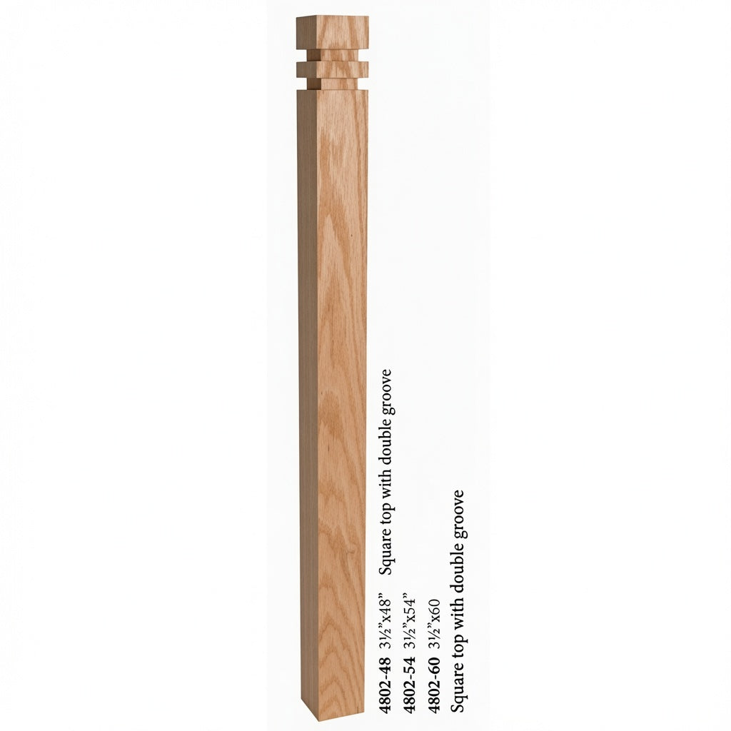 4802 3-1/2" S4S Newel with Squarte Top and Double Grooves, Red Oak