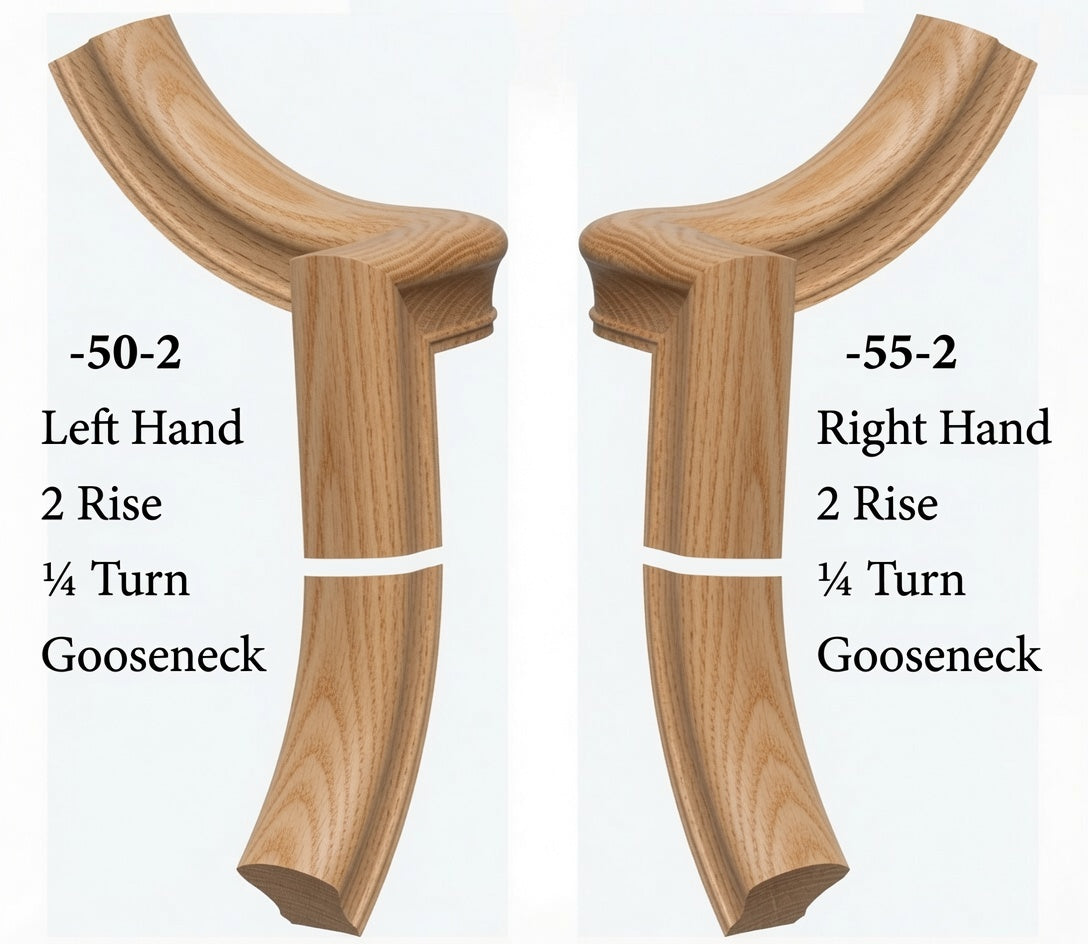 Two Ash gooseneck chair backrest components shown side by side on a white background, labeled with hand and parameters: -50-2 Left Hand, 2 Rise, 1/4 Turn, Gooseneck on the left, and -55-2 Right Hand, 2 Rise, 1/4 Turn, Gooseneck on the right.