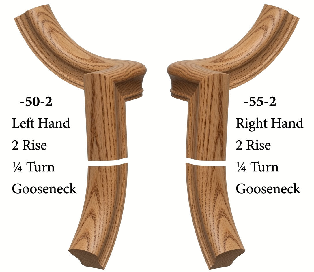 7050 Left and 7055 Right Hand 2 Riser Goosenecks with 1/4-Turn & Up Easing for the 6010 Handrail, Hickory