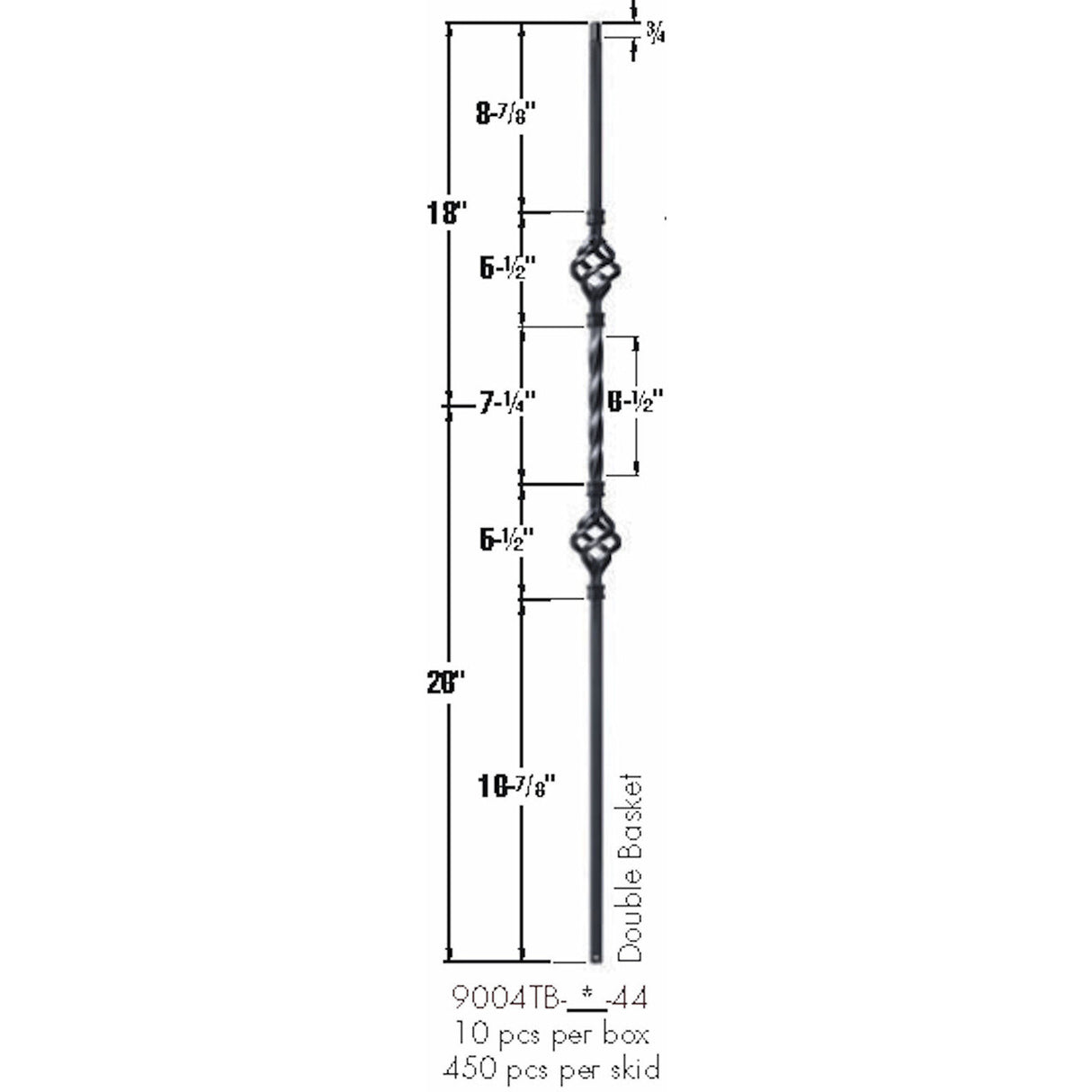 SP-9004TB Satin Black Double Basket Tubular Steel Baluster Dimensional Information