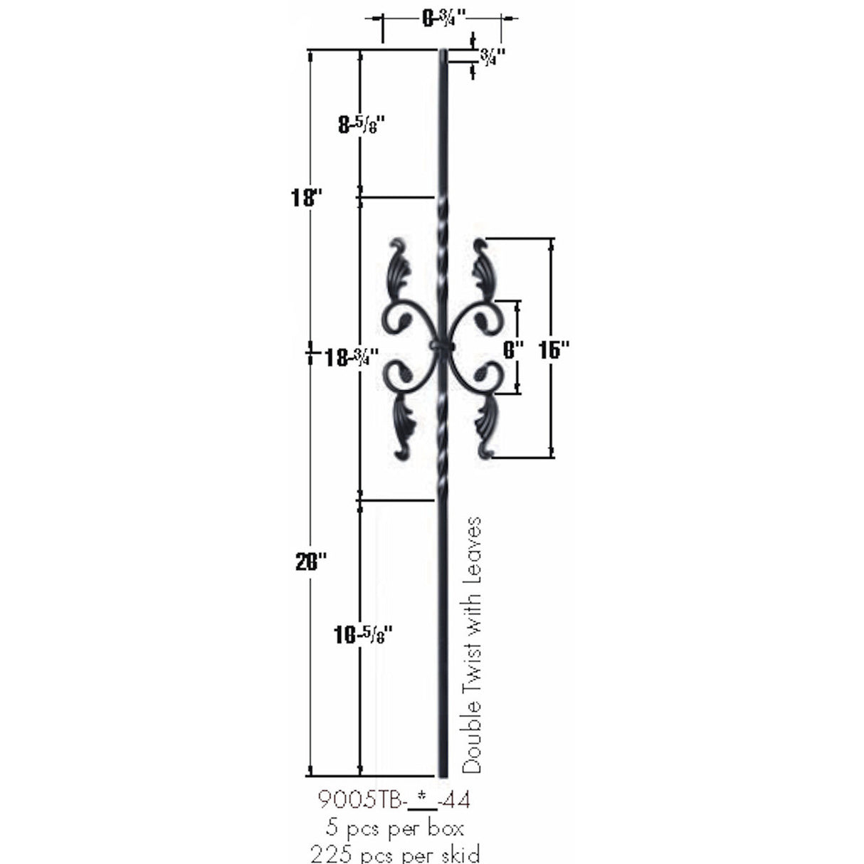 9005TB Two Twist with Leaves Iron Baluster Dimensional Information