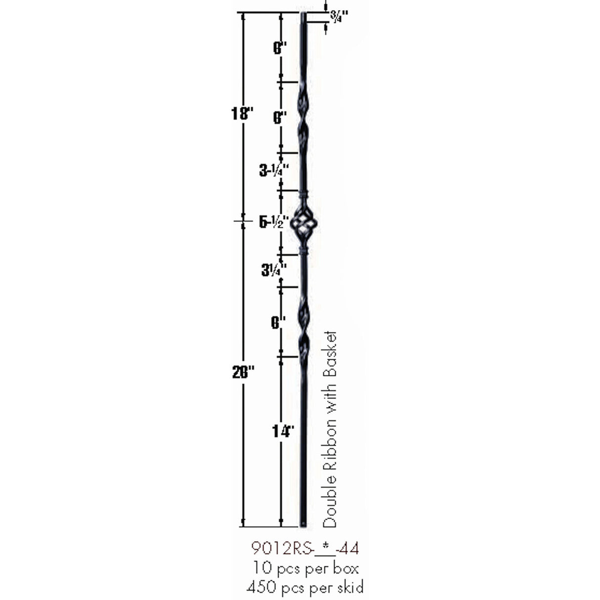 9012RS Double Ribbon Single Basket Tubular Steel Baluster Dimensional Information