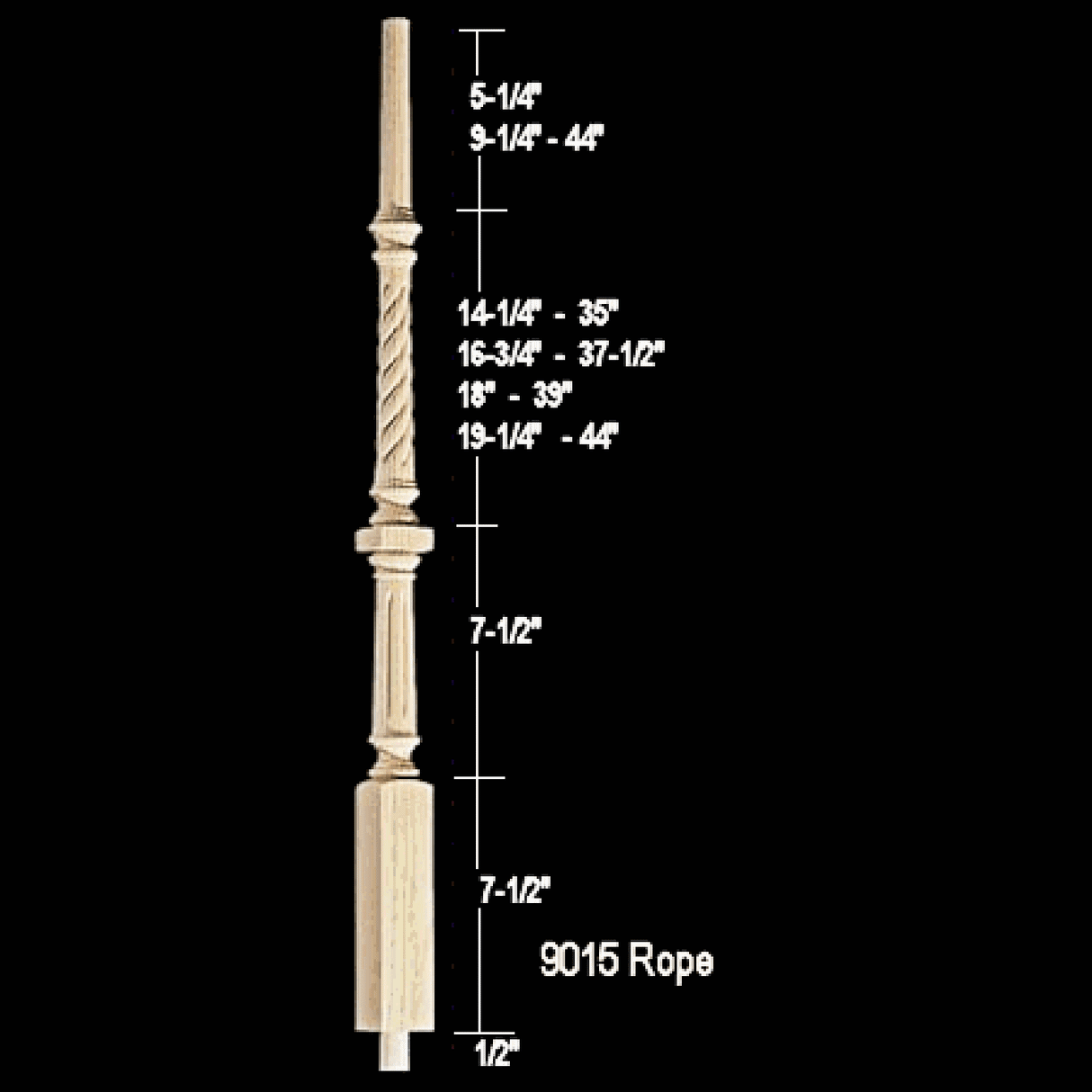 9015R Pin Top Rope Twist Williamsburg Stair Baluster, available in 35", 37-1/2", 39", and 42" lengths