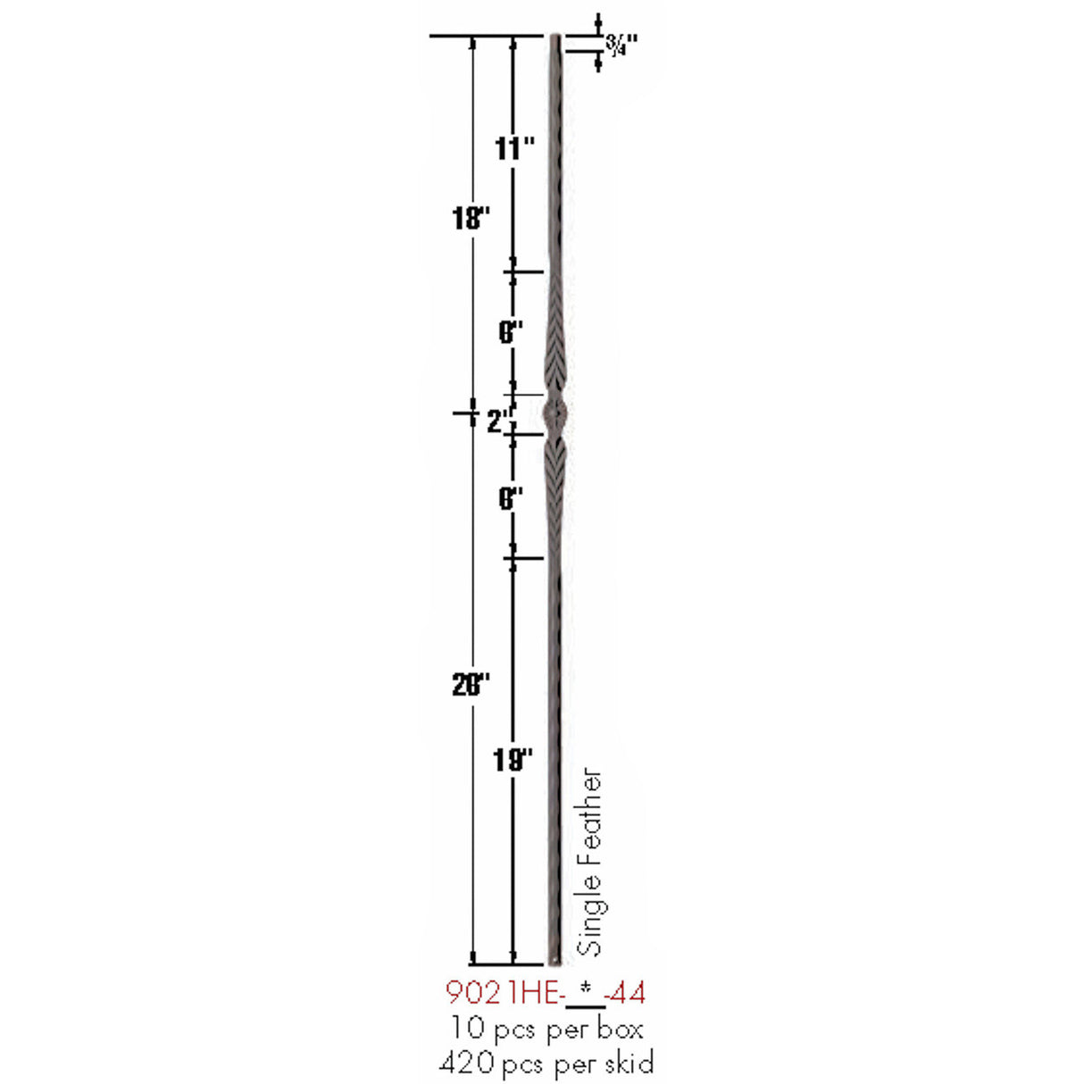 9021HE Single Feather Edge Hammered Baluster Dimensional Information