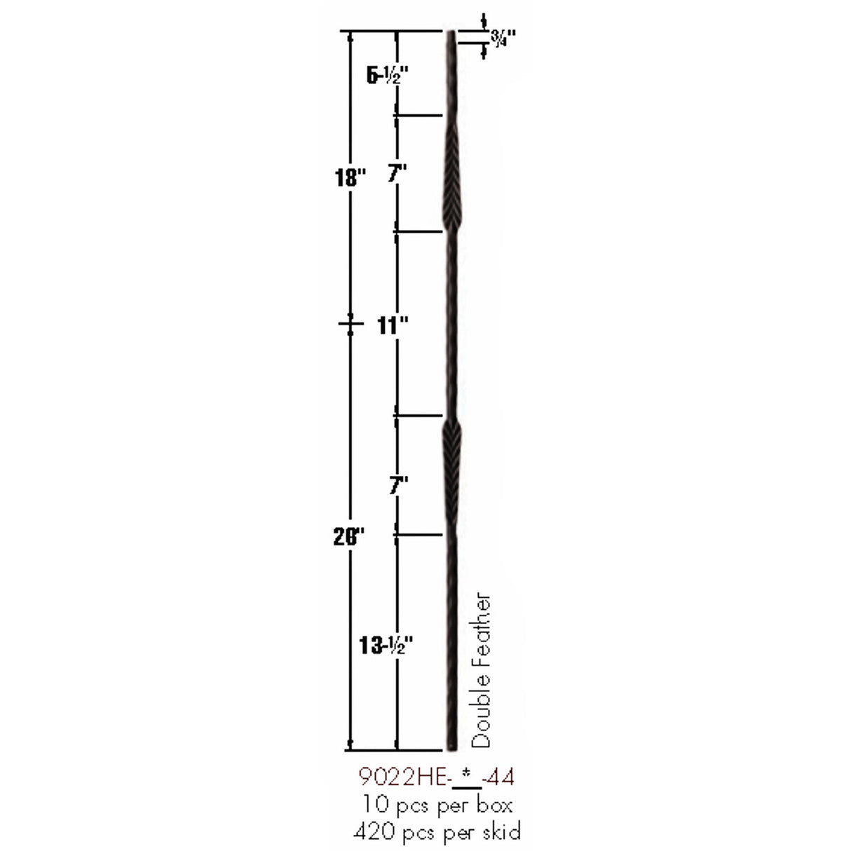 9022HE Double Feather Edge Hammered Baluster Dimensional Information