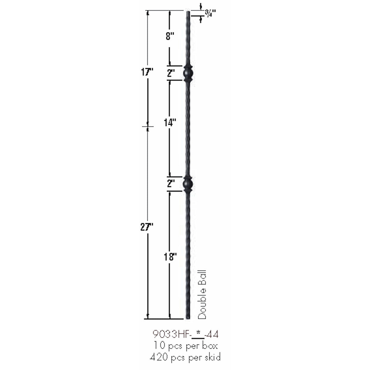 9033HF Double Ball with Hammered Face Baluster Dimensional Information