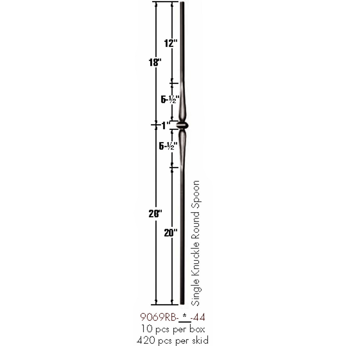 9069RB Single Knuckle with Round Spoon Dimensional Information