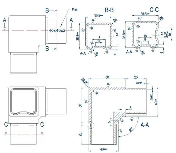 Three Way Fitting for Square Rail – 40 x 40 x 2 mm - Satin Black (AX20.008.114.A.STB)