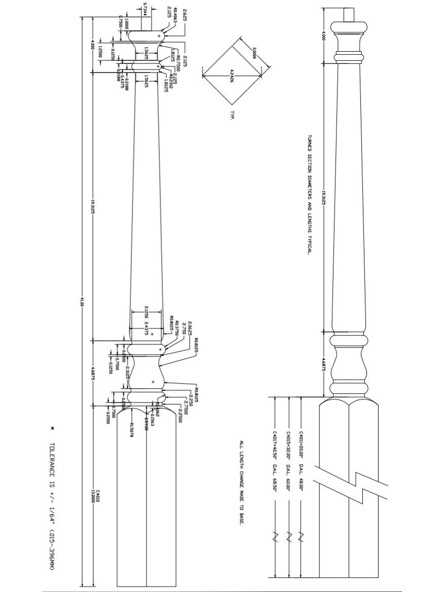 C-4010PT 41" Colonial Pin Top Starting Newel Post (CADD)