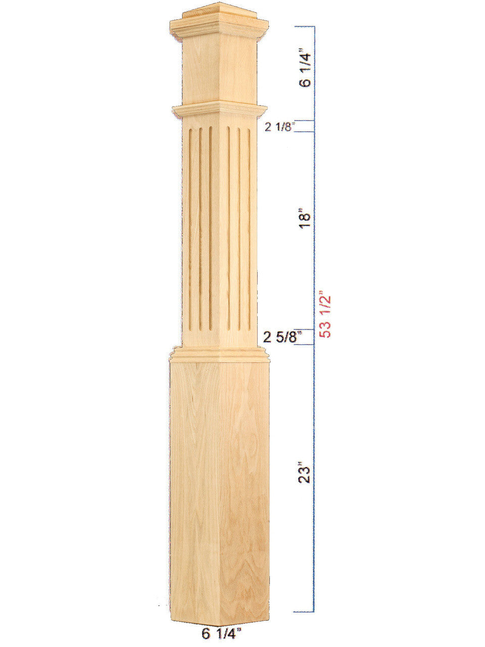 C-4091-F Fluted Traditional Box Newel Dimensional Information