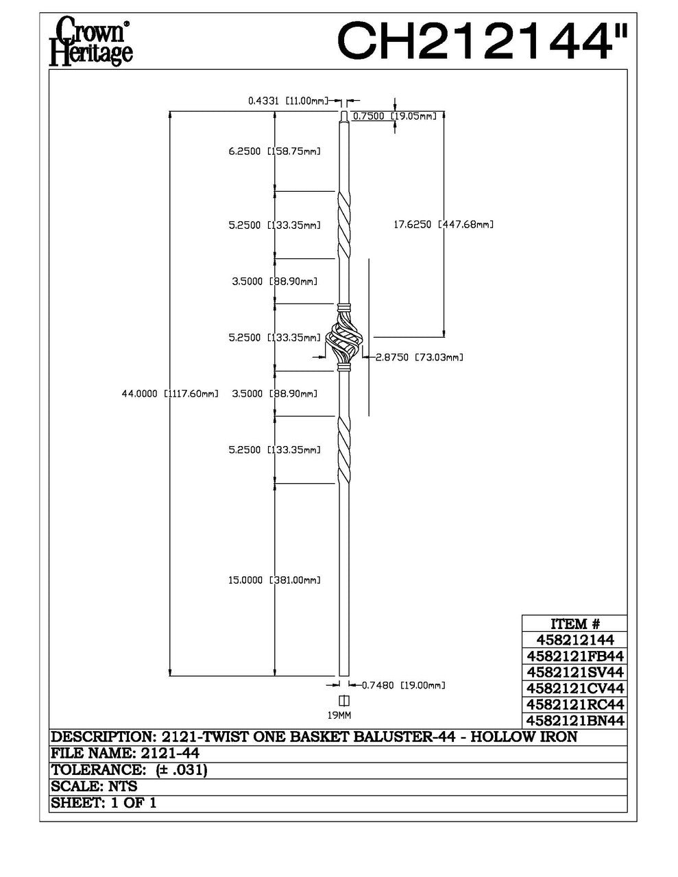 2121 19mm Single Basket Large Hollow Baluster, CADD DRAWING