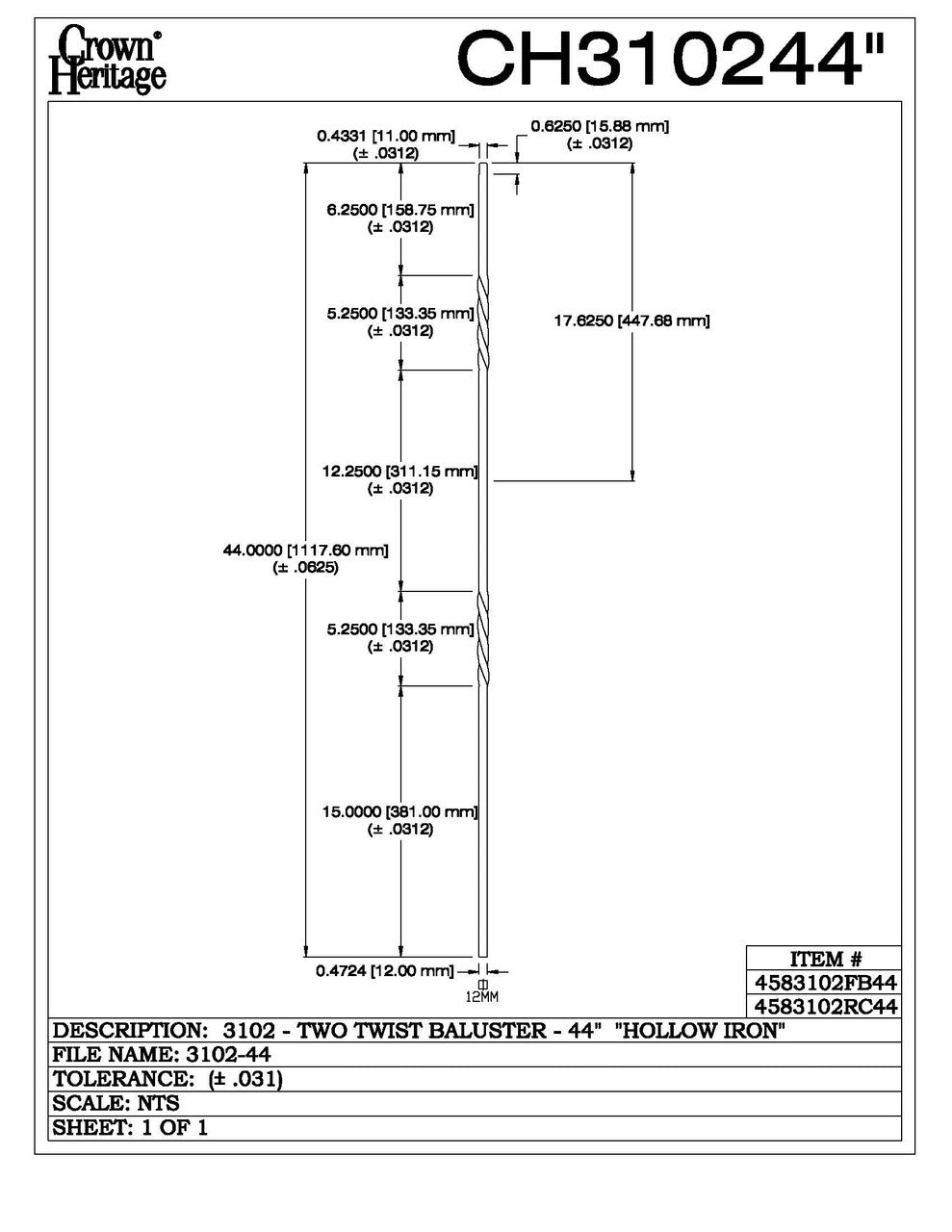 3102-44 44" Tubular Steel Double Twist Baluster, CADD DRAWING