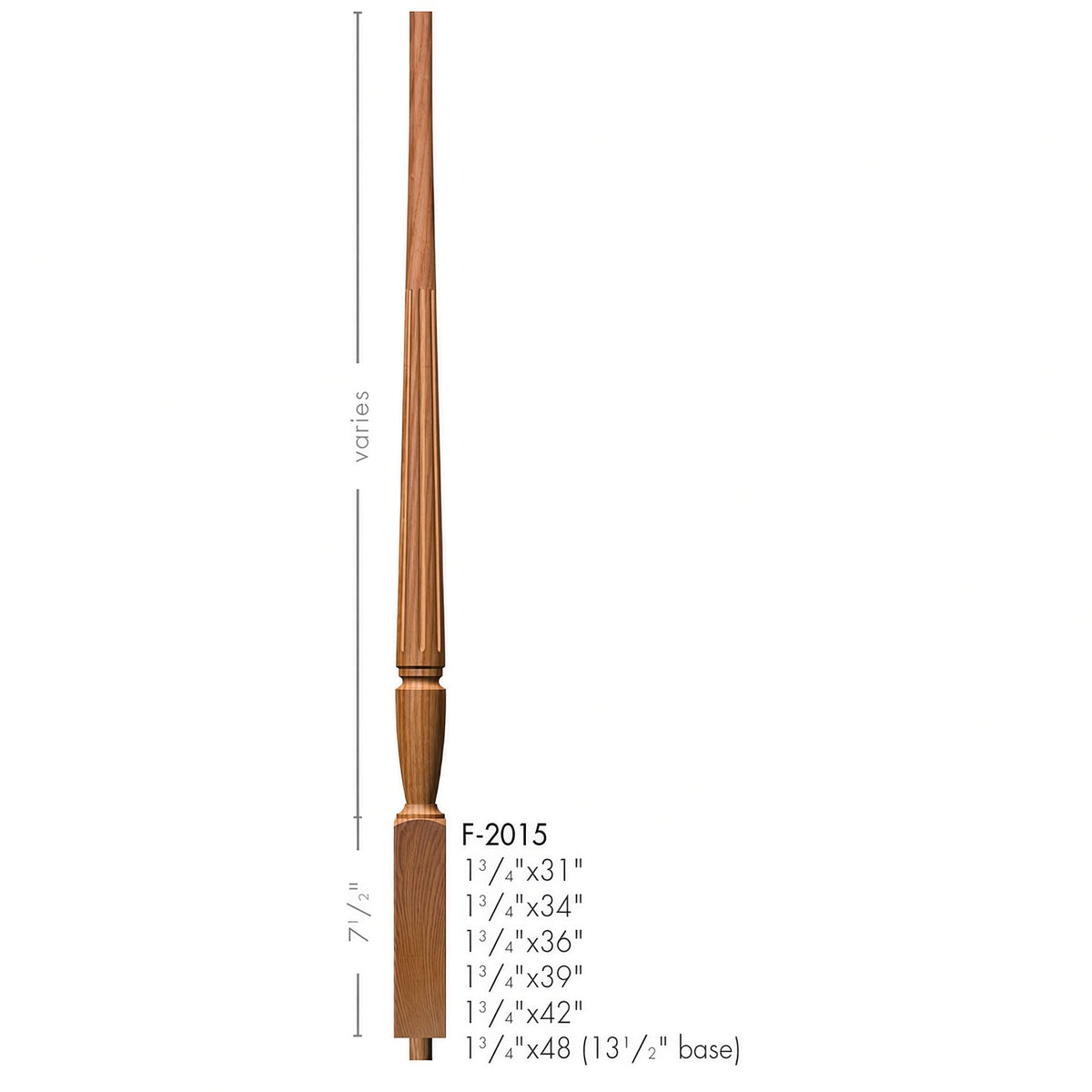 F-2015 1-3/4" Fluted Bunker Hill Stair Baluster, Available in 31", 34", 36", 39", 42", and 48" Lengths, Dimensional Information