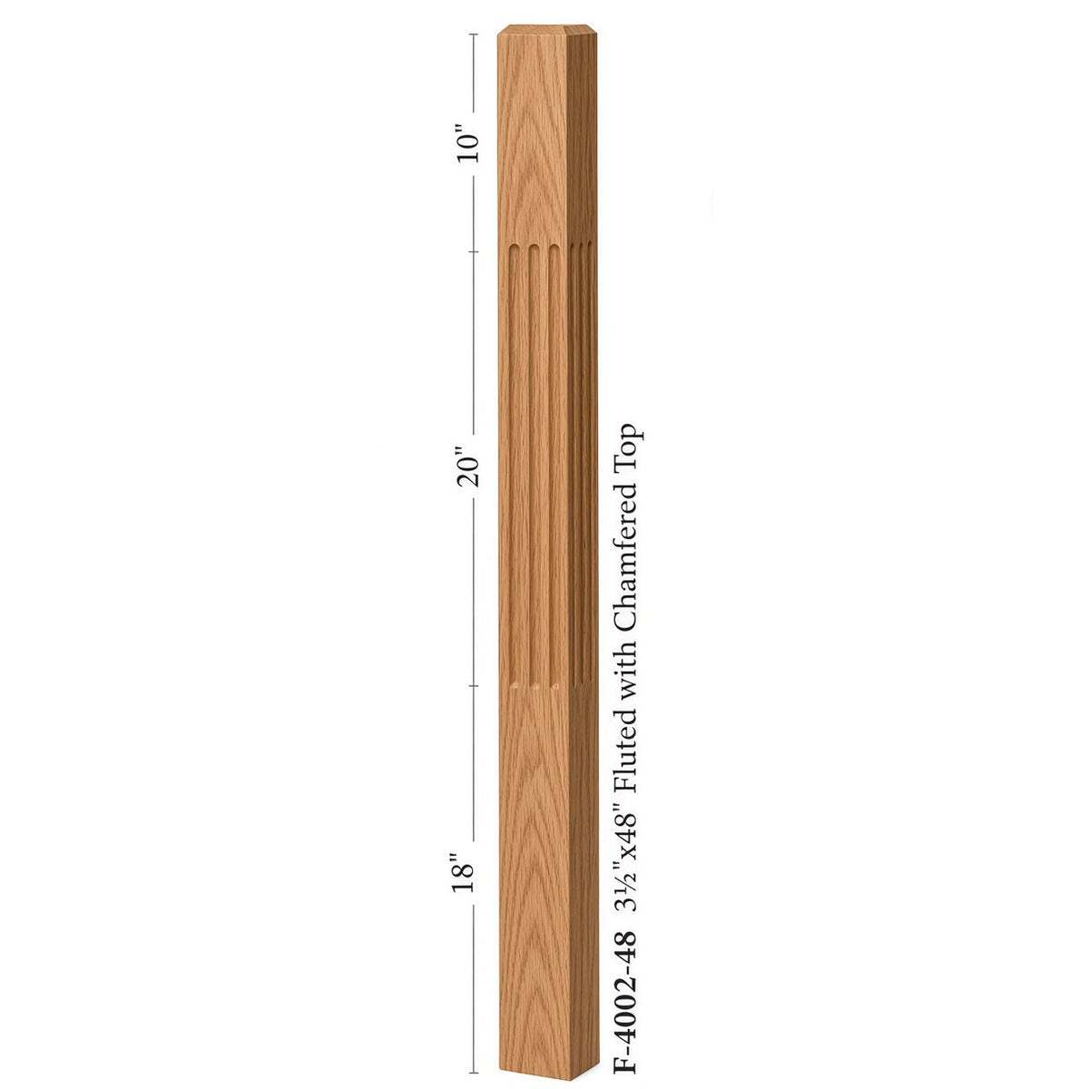 F-4002 3-1/2" x 48" Chamfered Top Fluted Contemporary Newel Post, Dimensional Information