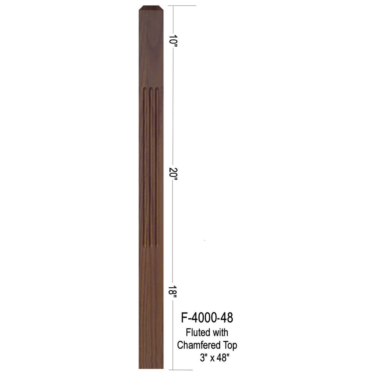 F-4000 48" Fluted 3" Newel Post with Chamfered Top