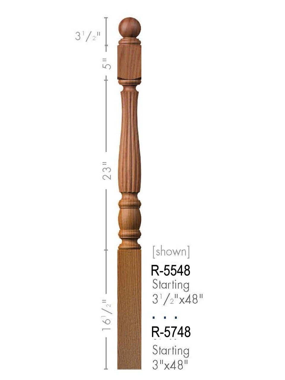 R-5748 Reeded Utah Classic Ball Top Starting Newel Post Dimension Information