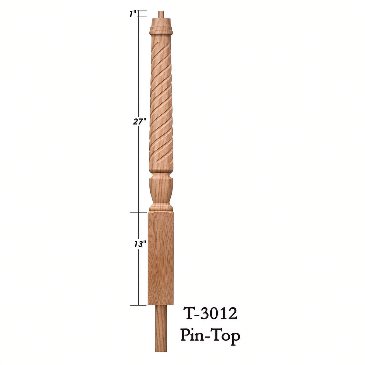 T-3012 3-1/2 x 41" Bunker Hill Volute Newel Post with Adjustable Dowel, Dimensional Information