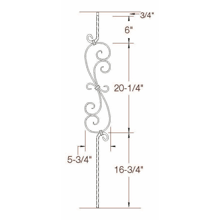 T-36 Edge Hammered S-Scroll Tubular Steel Baluster Dimensional Information