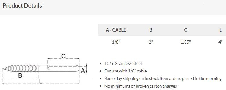LAGSTUD-18 Lag Stud Type T316 Hand Swage Specifications
