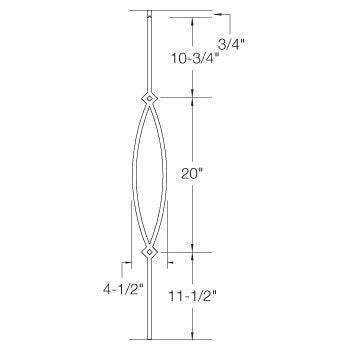T16 12mm square tubular steel POINTED OVAL 1/2" Square Baluster (1/2" x 43") Dimensional Information
