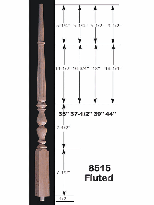 8515F 39" Fluted Jefferson Baluster Dimensional Information